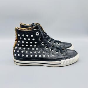 Converse Shoes Womens 6.5 Black Leather All Star Studded High Top Leopard Punk